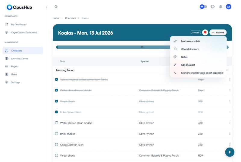 Actions menu open on an active checklist, showing Mark as complete, Checklist history, Notes, Edit checklist and Mark incomplete tasks as not applicable