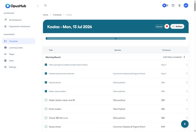 Active checklist page showing the progress bar, sync chip and task list