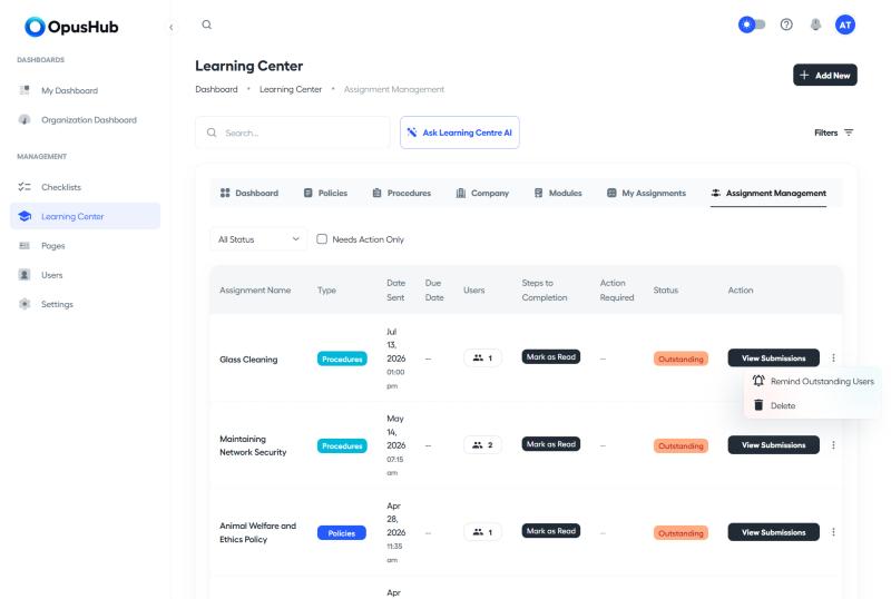 Assignment Management row menu showing Remind Outstanding Users and Delete