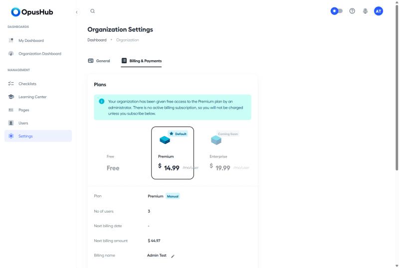 Settings > Billing plan picker showing Premium as the current plan and Enterprise greyed out with a Coming Soon badge