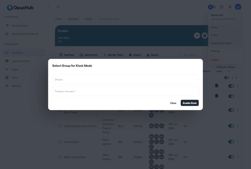 Select Group for Kiosk Mode dialog with optional Groups field and a required timeout