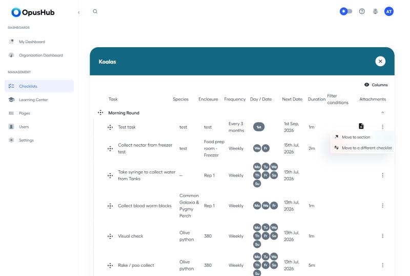 Row menu open on a task, showing Move to section and Move to a different checklist