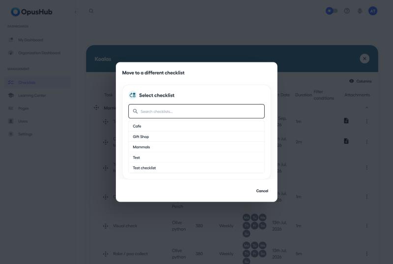 Move to a different checklist dialog with a searchable list of destination checklists