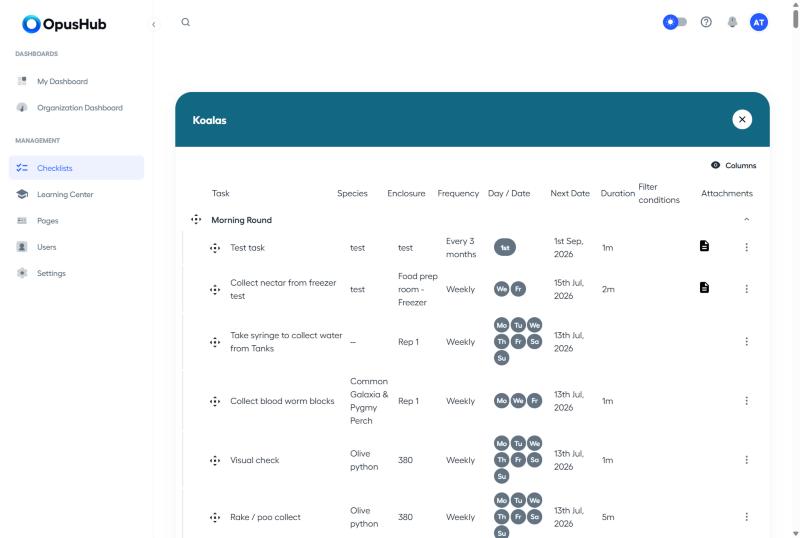 Sort page showing draggable tasks, sections and the Columns popover