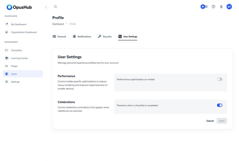 User Settings tab showing the Celebrations toggle for checklist-completion fireworks